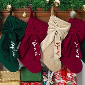 Personalized Bow Christmas Stocking, 2025 Embroidered Christmas Stocking, Velvet Christmas Stocking With Name, Christmas Gift, Family Decor