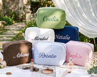 Neceser personalizado con textura de gofre, neceser con monograma bordado a medida, bolsa de maquillaje