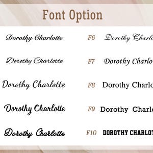 Pu&ograve; includere: Grafica che mostra dieci opzioni di font per il nome "Dorothy Charlotte". Ogni opzione &egrave; etichettata da F1 a F10. I font variano in stile, da corsivo elegante a lettere in grassetto. Lo sfondo &egrave; beige chiaro.