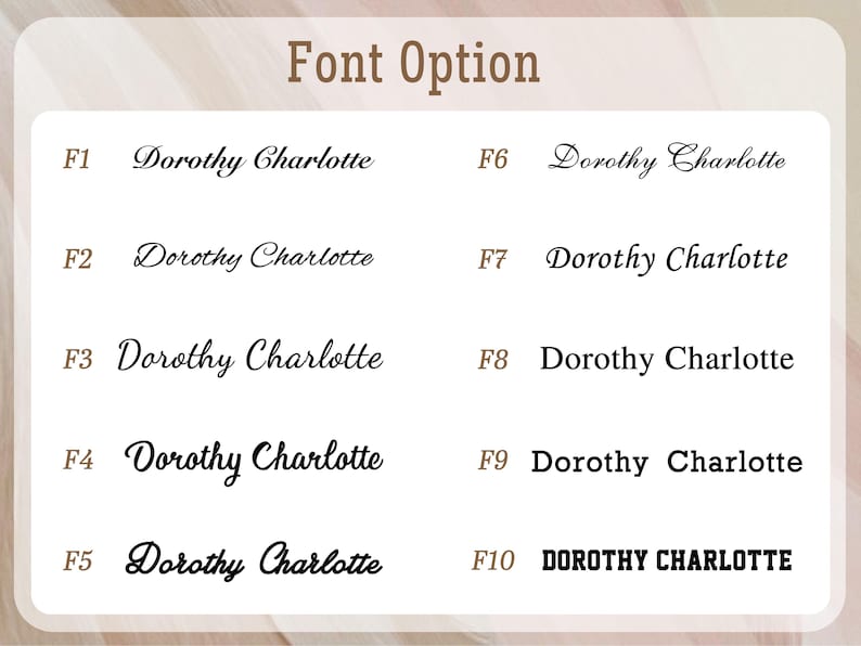 Pu&ograve; includere: Grafica che mostra dieci opzioni di font per il nome "Dorothy Charlotte". Ogni opzione &egrave; etichettata da F1 a F10. I font variano in stile, da corsivo elegante a lettere in grassetto. Lo sfondo &egrave; beige chiaro.