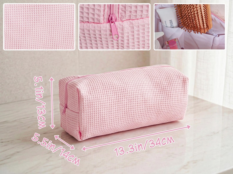 May include: A light pink rectangular toiletry bag with a waffle-textured fabric and a matching zipper closure. The bag measures 5.1 inches in height, 5.5 inches in depth, and 13.3 inches in length. The interior features white lining and pockets.
