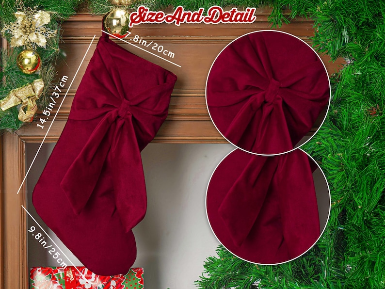 May include: A deep red velvet Christmas stocking featuring a large decorative bow on the front. The stocking measures 20 cm wide, 37 cm in total height, and 25 cm at the foot. Two circular insets show close-up details of the fabric texture and bow.