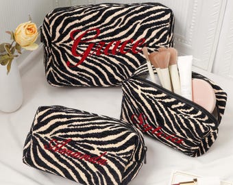 Gepersonaliseerde make-uptas met zebraprint en borduurwerk, reistoilettas, cosmetische tas met dierenprint, cadeaus voor bruidsmeisjes