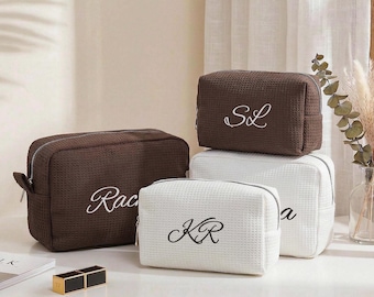Personalized Waffle Makeup Bag, Custom Embroidered Cosmetic Pouch, Monogram Toiletry Bag