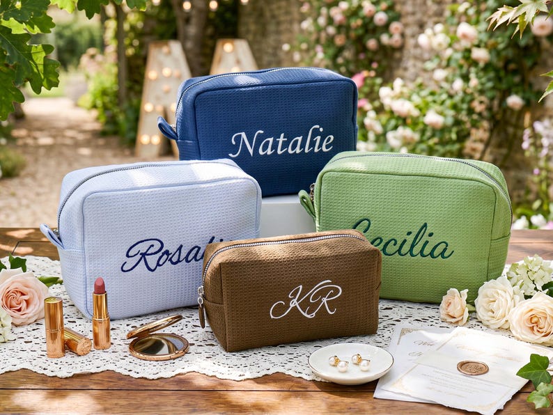 Pu&ograve; includere: Quattro trousse per cosmetici personalizzate in blu, azzurro, verde e marrone, ciascuna ricamata con un nome o iniziali in un colore a contrasto. Le trousse sono esposte su una tovaglia di pizzo con trucco e gioielli.