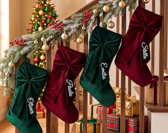 Velvet Christmas Stocking With Name, Personalized Bow Christmas Stocking, 2026 Embroidered Christmas Stocking, Christmas Gift, Family Decor