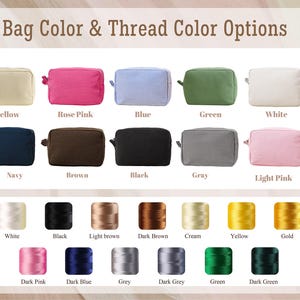 Pu&ograve; includere: Immagine che mostra trousse per cosmetici in vari colori: giallo, rosa, blu, verde, bianco, blu navy, marrone, nero, grigio e rosa chiaro. Sotto, opzioni di colore del filo: bianco, nero, marrone chiaro, marrone scuro, crema, giallo, oro, rosa scuro, blu scuro, grigio, grigio scuro, verde e verde scuro.