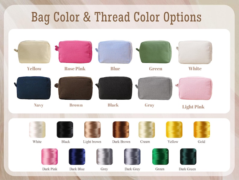 Pu&ograve; includere: Immagine che mostra trousse per cosmetici in vari colori: giallo, rosa, blu, verde, bianco, blu navy, marrone, nero, grigio e rosa chiaro. Sotto, opzioni di colore del filo: bianco, nero, marrone chiaro, marrone scuro, crema, giallo, oro, rosa scuro, blu scuro, grigio, grigio scuro, verde e verde scuro.