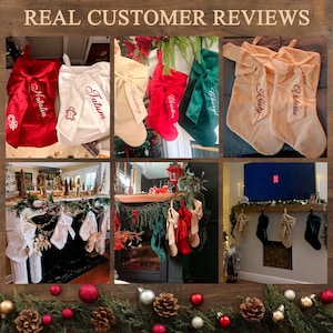 May include: A collage of Christmas stockings featuring various colours including red, white, cream, and green. Each stocking is adorned with a large fabric bow and personalised embroidery of names such as Natalia, Tatum, Courtney, and Victoria.