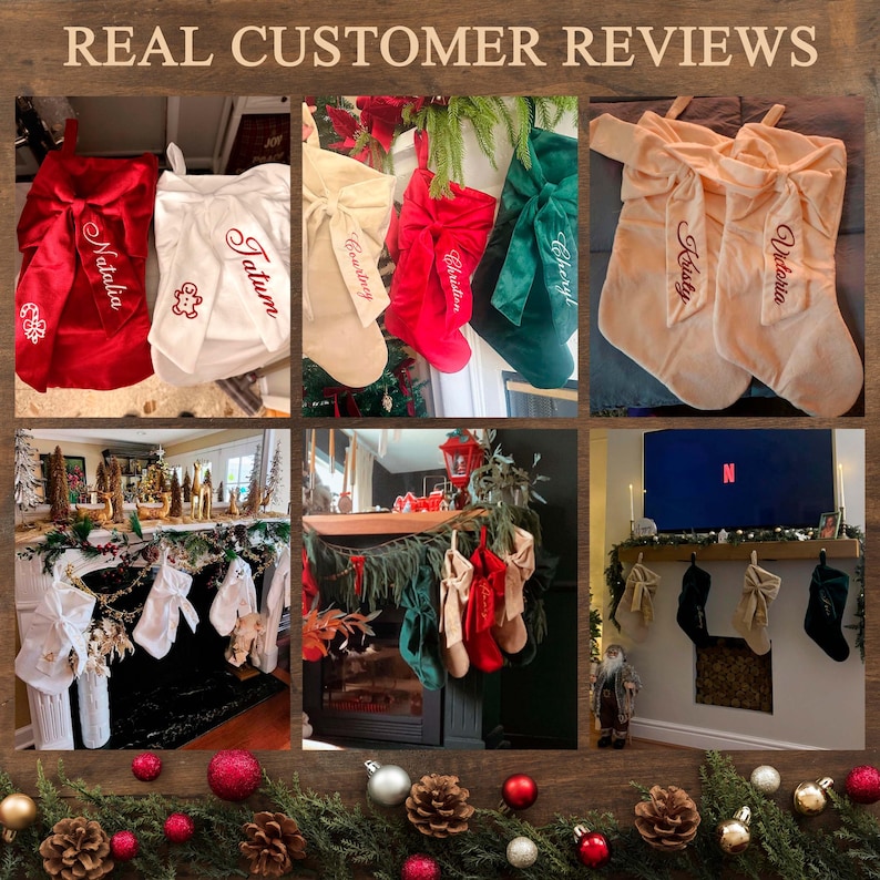 May include: A collage of Christmas stockings featuring various colours including red, white, cream, and green. Each stocking is adorned with a large fabric bow and personalised embroidery of names such as Natalia, Tatum, Courtney, and Victoria.