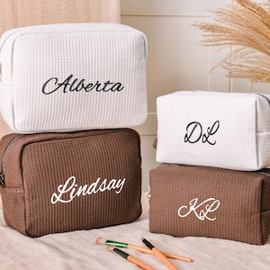 Personalized Waffle Cosmetic Bag, Custom Name Toiletry Bag, Embroidered Monogram Makeup Bag, Initials Makeup Bag, Bridesmaid Makeup Bag