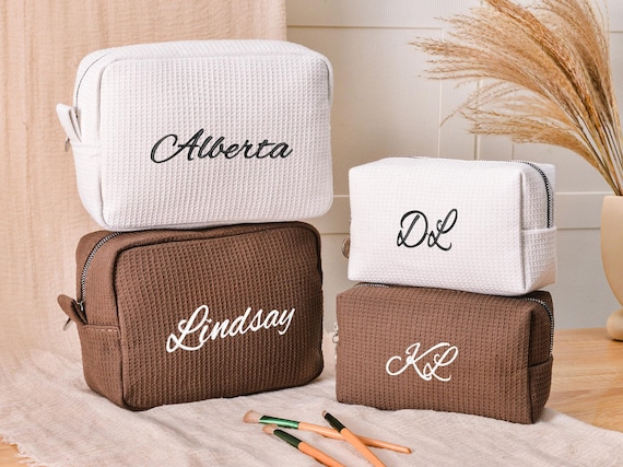 Personalized Waffle Cosmetic Bag,Custom Name Toiletry Bag,Embroidered Monogram Makeup Bag,Bridesmaid Makeup Bag,Christmas gift,Gift for her