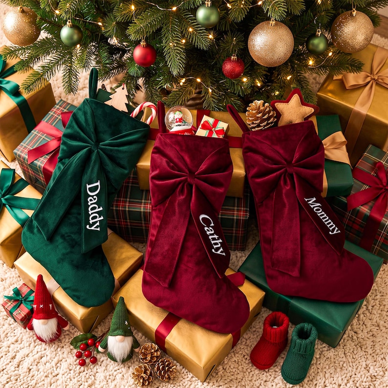 May include: Three velvet Christmas stockings featuring large bows, one dark green labelled Daddy and two deep red labelled Cathy and Mommy. The stockings are displayed against a decorated tree with wrapped gifts and small gnome figurines below.