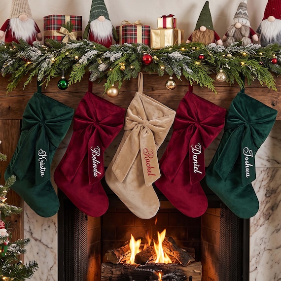 Personalized Bow Christmas Stocking, 2026 Embroidered Christmas Stocking, Velvet Christmas Stocking With Name, Christmas Gift, Family Decor