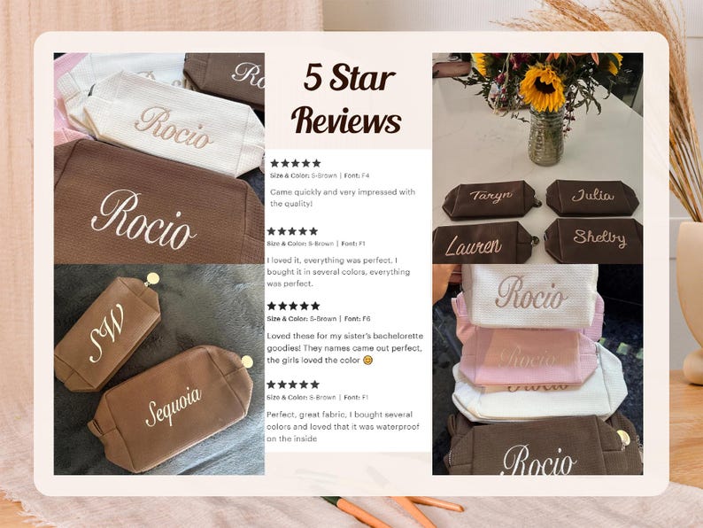 Pu&ograve; includere: Un assortimento di trousse personalizzate in vari colori, tra cui marrone, bianco e rosa, con nomi ricamati. L'immagine presenta anche una sezione con recensioni a 5 stelle.