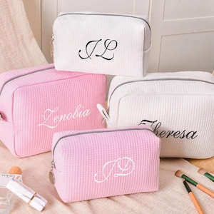 Custom Waffle Cosmetic Bag, Personalized Embroidered Monogram Makeup Bag, Name Toiletry Bag, Initials Makeup Bag, Bridesmaid Makeup Bag