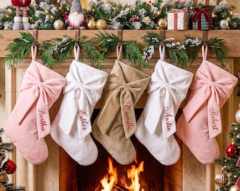 2026 Embroidered Christmas Stocking, Personalized Bow Christmas Stocking, Velvet Christmas Stocking With Name, Christmas Gift, Family Decor