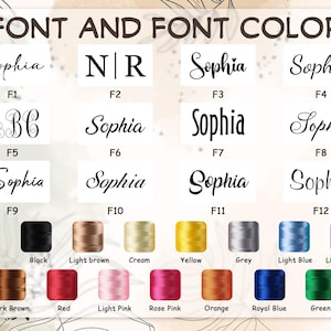 May include: A font and thread color chart featuring twelve distinct black typography styles labeled F1 through F12, followed by fourteen spools of embroidery thread in white, black, light brown, cream, yellow, grey, light blue, light purple, dark brown, red, light pink, rose pink, orange, royal blue, and green.