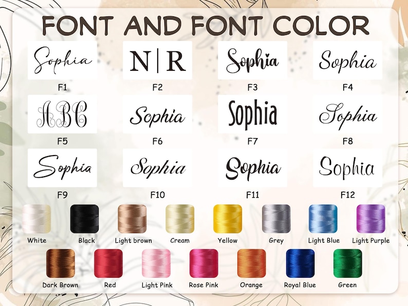 May include: A font and thread color chart featuring twelve distinct black typography styles labeled F1 through F12, followed by fourteen spools of embroidery thread in white, black, light brown, cream, yellow, grey, light blue, light purple, dark brown, red, light pink, rose pink, orange, royal blue, and green.
