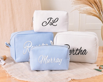 Personalized Waffle Makeup Bag, Embroidered Monogram Toiletry Pouch