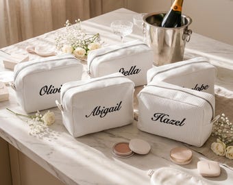 Personalized Name Waffle Cosmetic Bag, Embroidered Monogram Makeup Bag, Bridesmaid Gifts