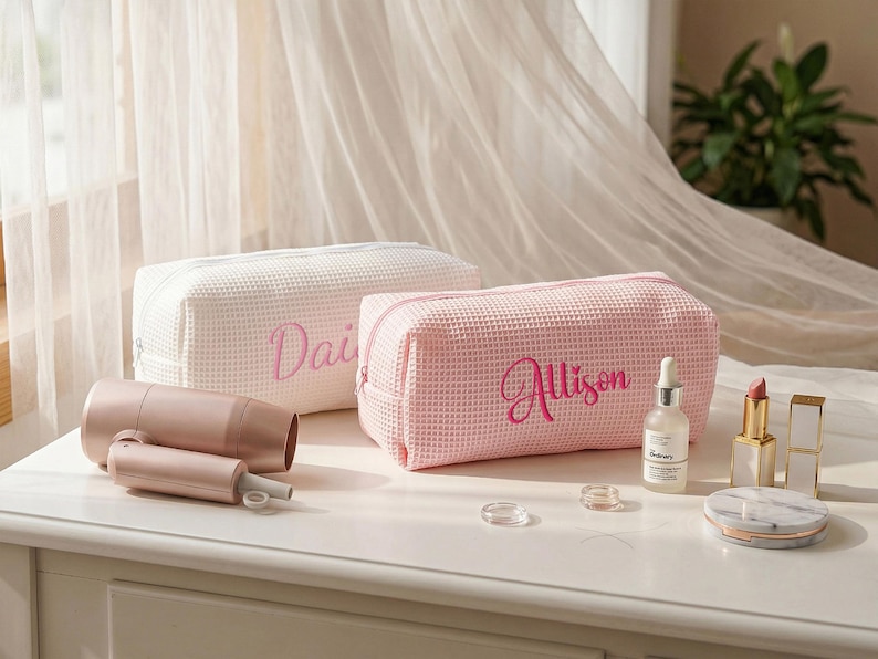 May include: Two rectangular waffle-weave cosmetic bags, one white and one light pink, each featuring a zippered closure and custom embroidery in pink script. The white bag displays the name Daisy, while the pink bag displays the name Allison.