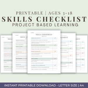 May include: Printable skills checklists for project-based learning, designed for ages 3-18. The documents have a minimalist design with a light green background. The text includes "SKILLS CHECKLIST" and "PROJECT BASED LEARNING". The size is A4.