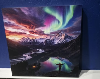 12x12 Topographical Mountain Relief Art – 5mm Ultra-High UV Cured Ink on Bessoboard – 3D Textured Aurora Borealis Landscape Wall Art