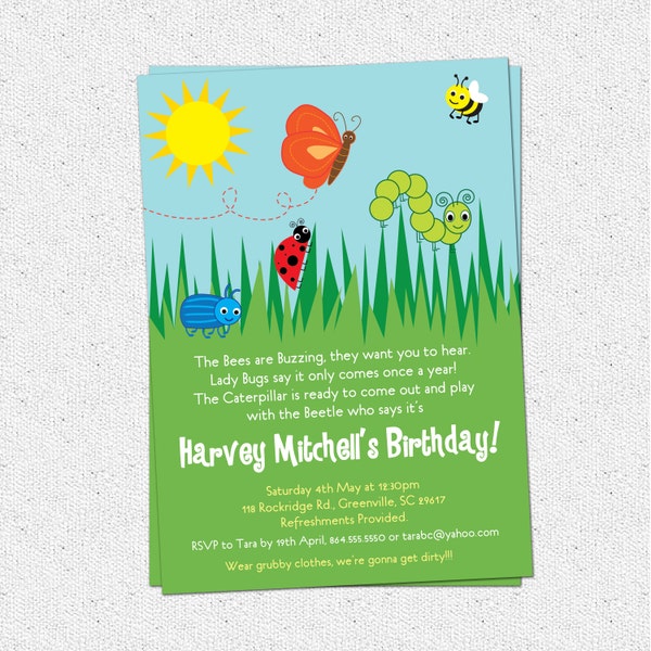 Bug Insects Birthday Party Invitation, Summer, Butterfly, Bee, Beetle, Caterpillar, Lady Bug, Boy or Girl, DIY Digital File