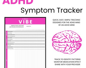 Planilha de Rastreamento de Sintomas de TDAH em PDF para Imprimir | Diário Diário de TDAH | Rastreamento de Medicação e Humor | Planejador de TDAH | Planilha de Saúde Mental para Neurodivergentes