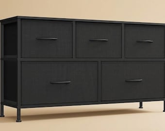 Wide Black Dresser 5 Drawer | Fabric Storage Chest of Drawers | Bedroom Closet Entryway Furniture | Steel Frame