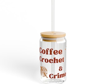 Coffee Crochet & Crime Sipper Glass | 16oz Clear Tumbler with Straw