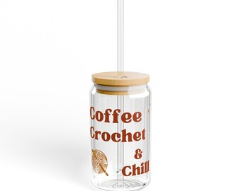 Coffee Crochet & Chill Sipper Glass | 16oz Clear Tumbler with Straw