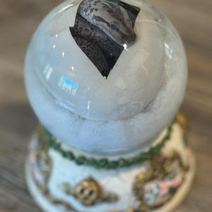 Puede incluir: Un globo de nieve decorativo con una serpiente saliendo de un huevo agrietado. El globo transparente está lleno de purpurina blanca y se asienta sobre una base detallada con detalles dorados y verdes. La serpiente tiene un patrón gris y marrón.