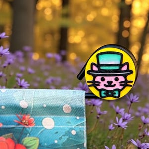 May include: A yellow bicycle bell with a black bracket features a cartoon cat wearing a top hat and bow tie. The cat is pink with black whiskers and a green hat. A blue and floral patterned object is in the foreground.