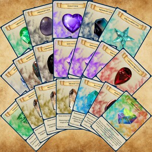 May include: A collection of fantasy-themed cards featuring various gemstones. Each card displays a different gem, such as emerald, amethyst, and obsidian, with the gem's name in a banner. The gems are rendered in vibrant colors and unique shapes.