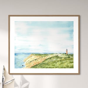 Martha&#39;s Vineyard Lighthouse Watercolor Print | Gay Head Light Coastal Cliff Art | Summer Seascape Wall Decor