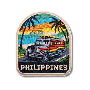 May include: Embroidered patch featuring a colorful jeepney driving on a road with palm trees and a tropical beach scene. The patch has the word "PHILIPPINES" in bold, black letters.
