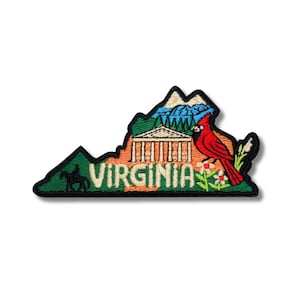 May include: Embroidered patch in the shape of Virginia, featuring a cardinal, mountains, and a building. The word "VIRGINIA" is in green and orange. The patch has a black border.