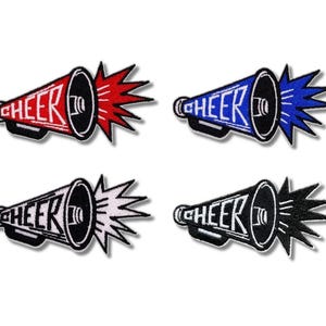 May include: Four embroidered patches featuring megaphone designs with the word "CHEER". Each megaphone is a different colour: red, blue, white, and black. The word "CHEER" is in white block letters on each megaphone.