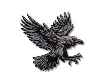 Black Crow Patch | Soaring Gothic Embroidered Raven Patch | 3.75 x 4 inches