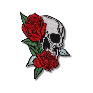 Skull Rose Patch | Gothic Skull and Rose Embroidered Patch | 4 x 3 inches