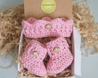 Baby Girl Reveal, Crown and Booties in a Box® Set, Grandparent Reveal, Princess Reveal, Baby Girl Gift, Gender Reveal, Ready to Ship