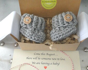 Grandparent Pregnancy Announcement, BOOTIES IN A BOX® Ribbed Cuffs with Wood Buttons, Newborn Baby Booties, Custom Message, Ready To Ship
