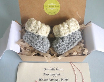 Grandparent Pregnancy Announcement, BOOTIES IN A BOX® Ribbed Cuffs with Optional Wood Buttons, Newborn Baby Booties, Personalized Message