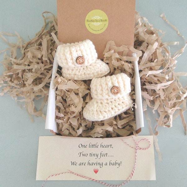 Grandparent Pregnancy Announcement,  BOOTIES IN A BOX®, Baby Reveal, Ribbed Cuffs with  Wood Buttons, Baby Booties,  Baby Reveal Box