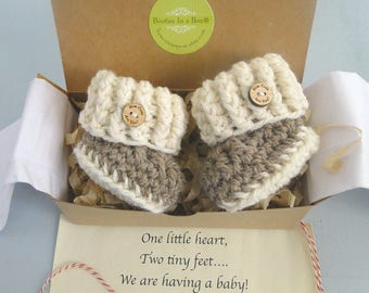 Grandparent Pregnancy Announcement, BOOTIES IN A BOX® Pregnancy Reveal Booties, Newborn Baby Booties, Custom Message, Ready To Ship