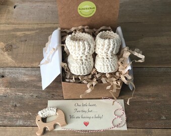 Pregnancy Announcement Booties, Baby Announcement, BOOTIES IN A BOX®,  Cotton and Natural Maple Elephant Teething Ring, All Natural Set