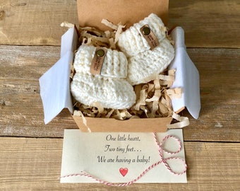 Grandparent Pregnancy Reveal, Faux Leather Tag, Baby Announcement, Grandparent Reveal, BOOTIES IN A BOX® Newborn Baby Booties, Ready To Ship