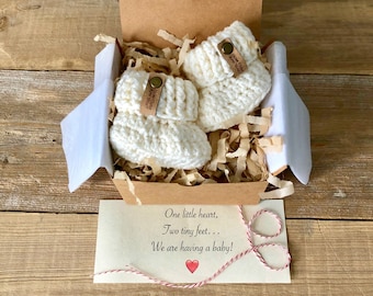 Grandparent Pregnancy Reveal, Faux Leather Tag, Baby Announcement, Grandparent Reveal, BOOTIES IN A BOX® Newborn Baby Booties, Ready To Ship